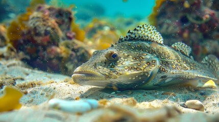 Focus on a camouflaged flounder blending into the sandy seabed in a beautiful coastal inlet background