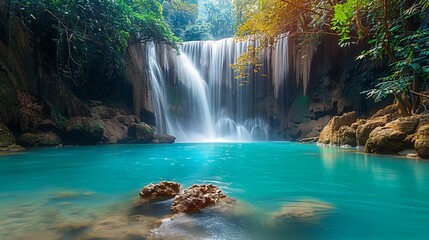Stunning Tropical Waterfall with Lush Greenery and Turquoise Water
