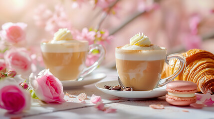 2 glass cups of cappuccino, pink and white macaroons, a croissants, a flowers.