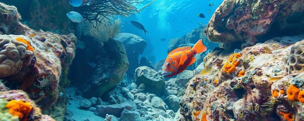 Focus on a colorful coral grouper lurking among rocky ledges in a beautiful underwater canyon backdrop