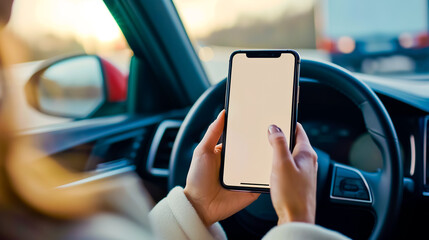 Closeup female hand is holding smartphone with white screen. Woman is driver of automobile car.