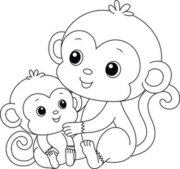 Cute kawaii monkey and baby cartoon character coloring page vector illustration. Wild animal, mothers day colouring page for kids