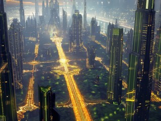 Aerial view of a vibrant futuristic city with illuminated skyscrapers and busy traffic arteries.