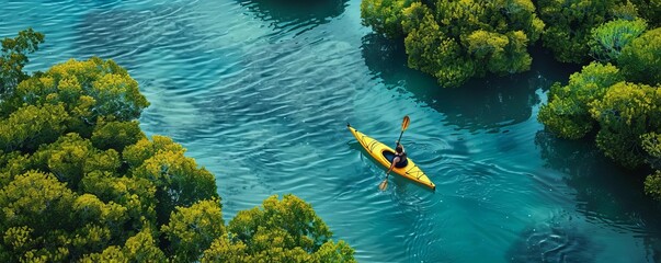 Focus on a kayaker paddling through mangrove forests in a beautiful coastal estuary background