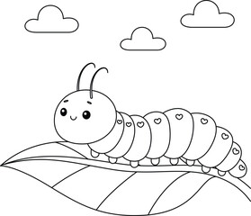 Cute kawaii caterpillar cartoon character coloring page vector illustration. Wild animal, insect colouring page for kids