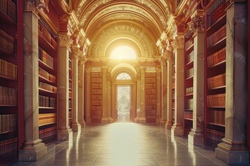 The vivid depiction of an ancient library in the Creative Banner of Education blends historical charm with modern design aesthetics