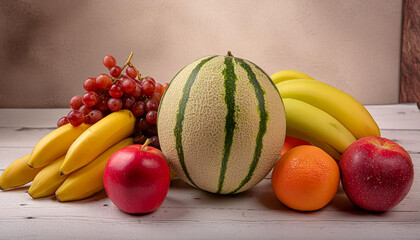 fresh fruit, melon, banana, nectarine, peach, grape, apple, watermelons