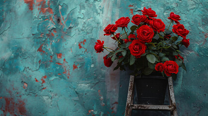 Beautiful red roses in pot on ladder near color wall