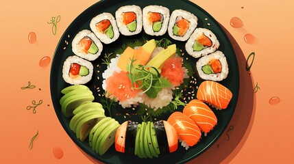 Vegan sushi view of Japanese fusion theme animation vivid, hyper detail with sharp soft focus