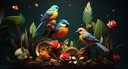 Naklejka premium Bird companions view of aviary theme 3D triadic color Scheme, realistic, detail, clean focus
