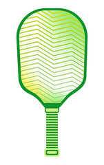 Pickleball paddle with gradient and geometric pattern design. Green and yellow racket illustration.
