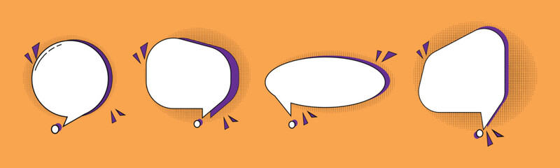 Set of cute white speech bubble icons,  on orange  background. 