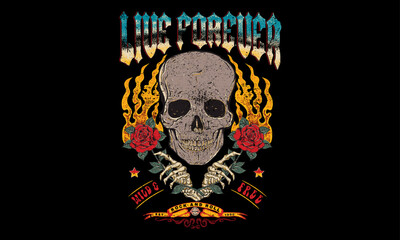 Skull fire graphic artwork. Rose with hand vintage art. Rock and roll vector t-shirt design. Live forever. Music world tour artwork. Wild and free. Music slogan logo design.