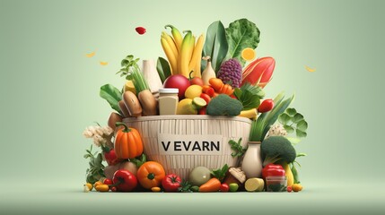 Vegan market design view organic shopping theme image of Tetradic color scheme, realistic, detail with clean. 