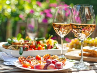 Wine glasses with snacks for a picnic on a table in the garden