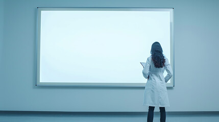 woman teacher looking through white board from back view