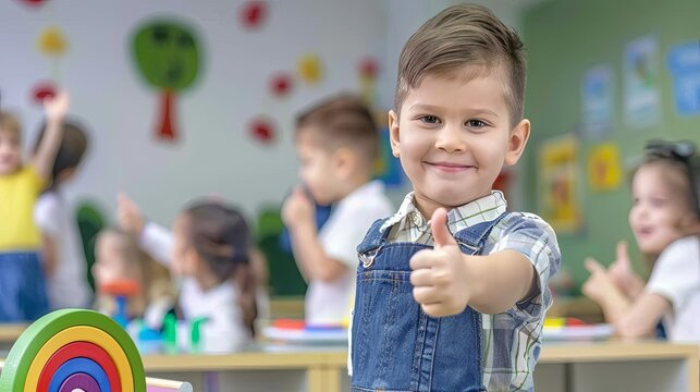 A young boy enthusiastically showing a thumbs up gesture in a classroom