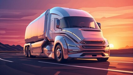 Futuristic truck driving on road at sunset