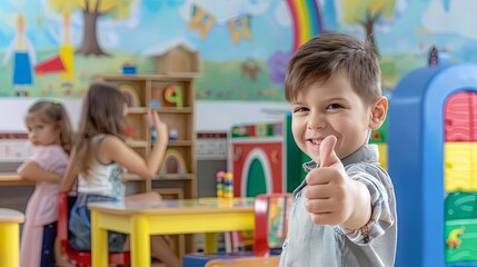 Obraz premium A cheerful young boy expressing approval with a thumbs up gesture in a classroom setting