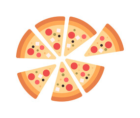 Pizza slices, fast food menu, pizza in cardboard box, italian hot fast food and slice with melting cheese, triangle cut piece, pepperoni pieces flat vector illustration isolated on white background.