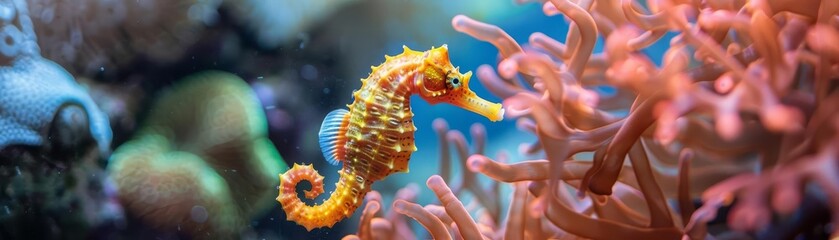 Focus on a tiny seahorse clinging to a swaying sea fan in a beautiful underwater garden background
