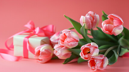 Beautiful tulips and gift box on color background