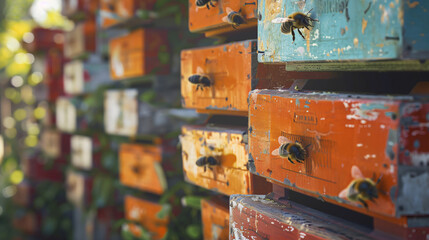 Bee hives at apiary closeup