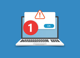 Laptop notification icon in flat style. Computer vector illustration on isolated background. Reminder message sign business concept.