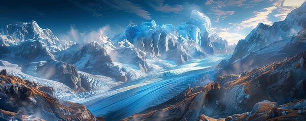 Melting glaciers in a mountain range, depicting rapid climate change, vivid style