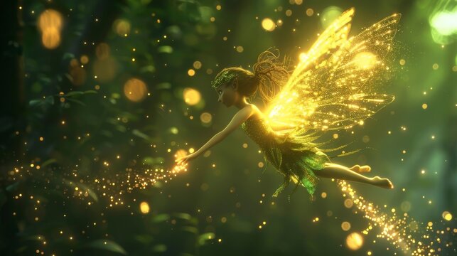 The beautiful fairy Tinkerbell is flying through a magical forest, spreading her pixie dust and leaving a trail of sparkling light behind her.