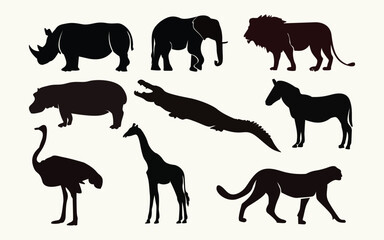 Wild black animal silhouette collection with vector including rhinoceros,tiger,elephant etc