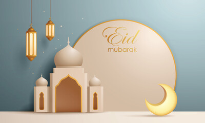 3D illustration of Muslim Islamic festival theme display background with crescent moon, mosque and Islamic decorations.