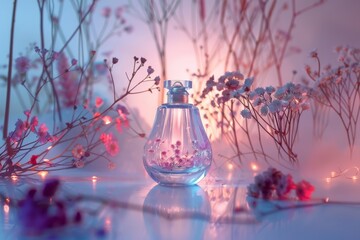 Enjoy botanical play in a luxury perfume bottle with the essence of cherry blossom, zesty scent, fragrant blooms, clean aroma effects, and a subtle shadow spray