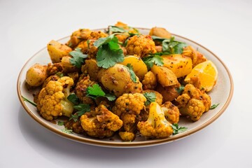 Aloo Gobhi Indian cuisine featuring fried potatoes and cauliflower in flavorful sauce
