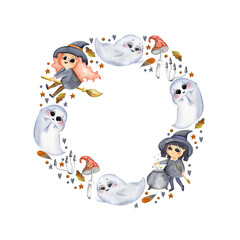 Hand-drawn watercolor Halloween round frame with Witches, Ghosts