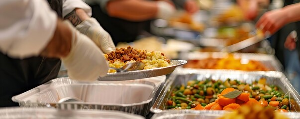 Thanksgiving volunteer event serving meals at a shelter, forced perspective style