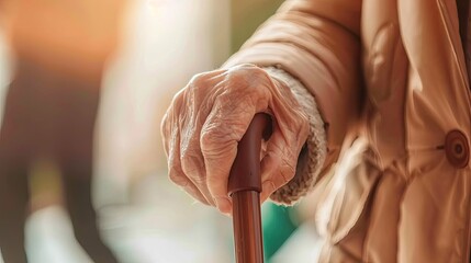 Closeup of an elderly womans hand gripping a cane