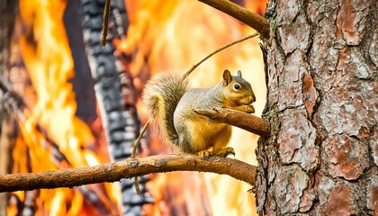 Fototapeta premium squirrel on tree branch with forest fire backdrop animal, squirrel, tree, nature, mammal, wildlife, wild, cute, forest, rodent, 