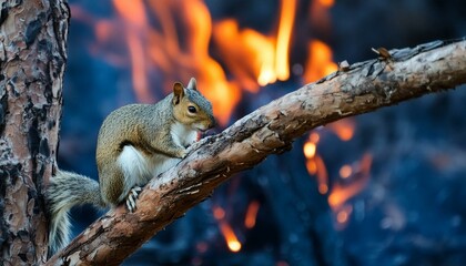 squirrel on tree branch with forest fire backdrop animal, squirrel, tree, nature, mammal, wildlife, wild, cute, forest, rodent, 