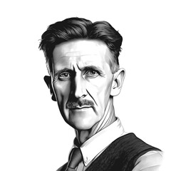 Black and white vintage engraving, close-up headshot portrait of Eric Arthur Blair (George Orwell), the famous historical English novelist writer, poet and journalist, white background, greyscale