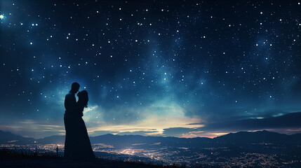 An inspiring silhouette of a couple embracing under a starry sky, with the glow of city lights in the distance as the man proposes marriage with a ring in hand. Dynamic and dramati