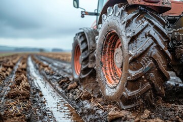 A farming tractor with large, mudded wheels creating furrows in a ploughed field, embodying rural hard work