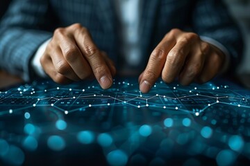 A man in a business suit engages with a futuristic blue technology interface with interconnected nodes