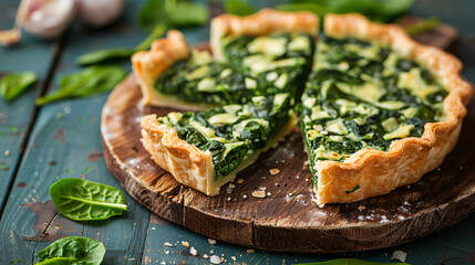 Board with pieces of tasty spinach tart on color woode