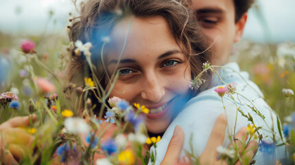 A captivating close-up of a couple hugging in a field of wildflowers, with the woman's surprised expression as the man presents a ring during the marriage proposal. Dynamic and dra - Powered by Adobe