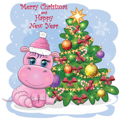 Cute cartoon hippo in Santa hat with gift, Christmas ball and candy cane. New Year and Christmas holiday