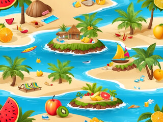 Obraz premium Summer greeting vector background design. Hello, summer text in miniature island with tropical season elements of fruits and leaves for fun and relaxing holiday vacation design. Vector illustration
