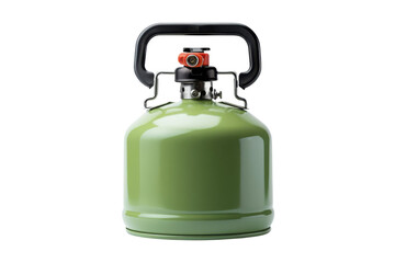 Green camping gas canister with handle for portable camping stove.
