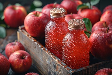 Crisp red apples and glass bottles with droplets, in an antique wooden crate, evoke freshness and purity of natural beverages