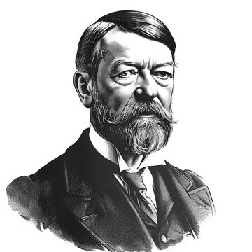 Black and white vintage engraving, close-up headshot portrait of Maximilian Karl Emil Weber, the famous historical German sociologist, philosopher, and political economist, white background, greyscale